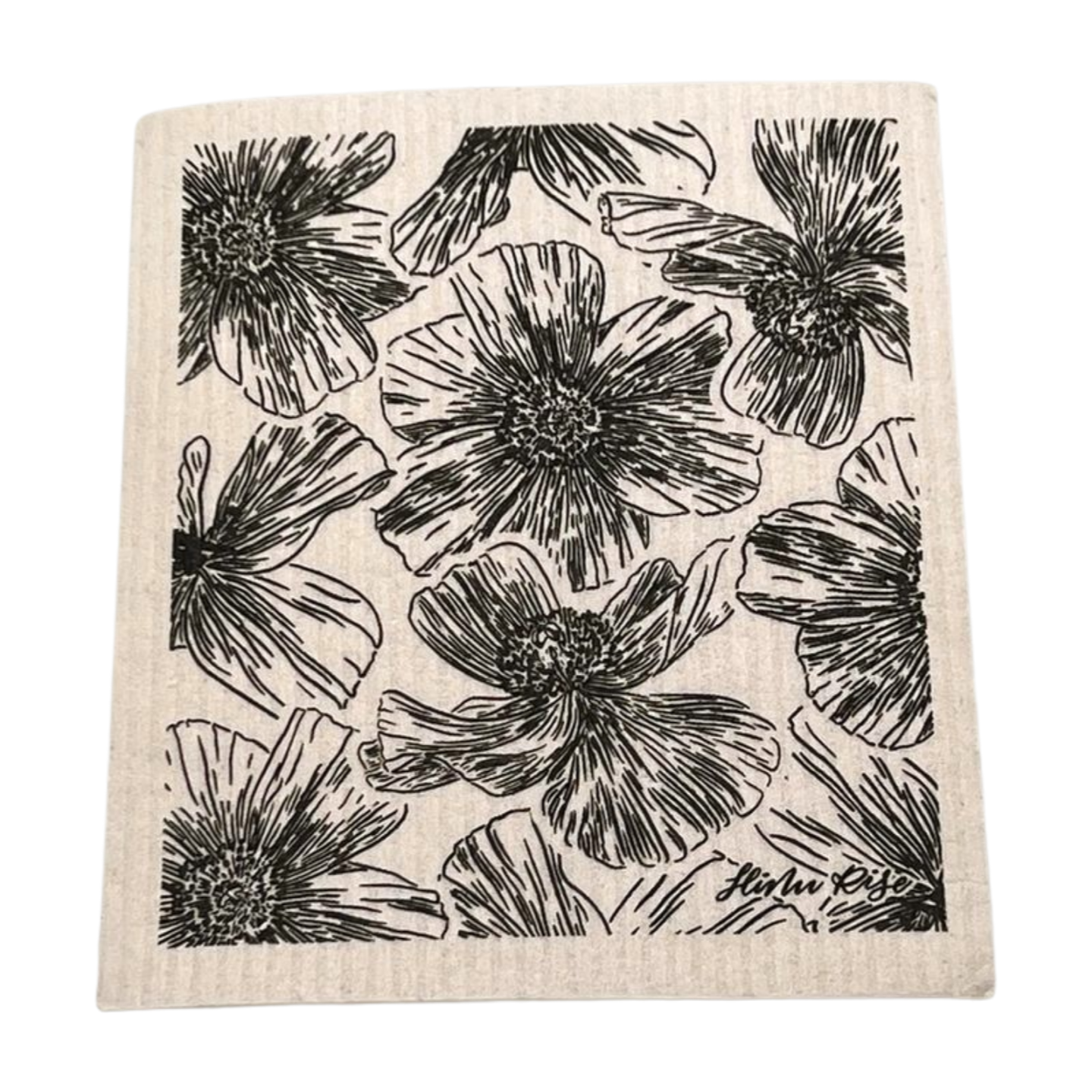 Pop-Up Mākeke - Hinu Rise - Swedish Dishcloth - Pua Kala in Black & White - Front View