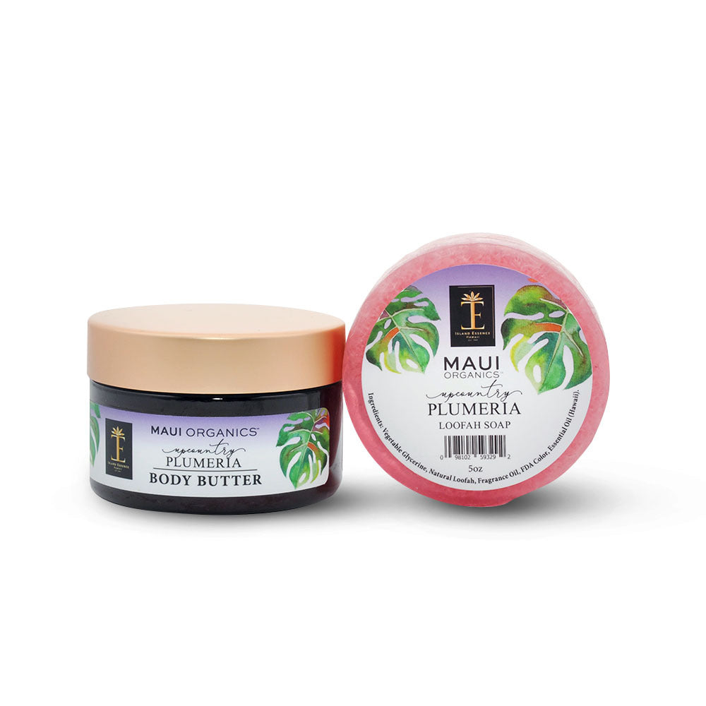 Pop-Up Mākeke - Island Essence - Maui Organics Body Butter &amp; Loofah Soap Duo - Upcountry Plumeria