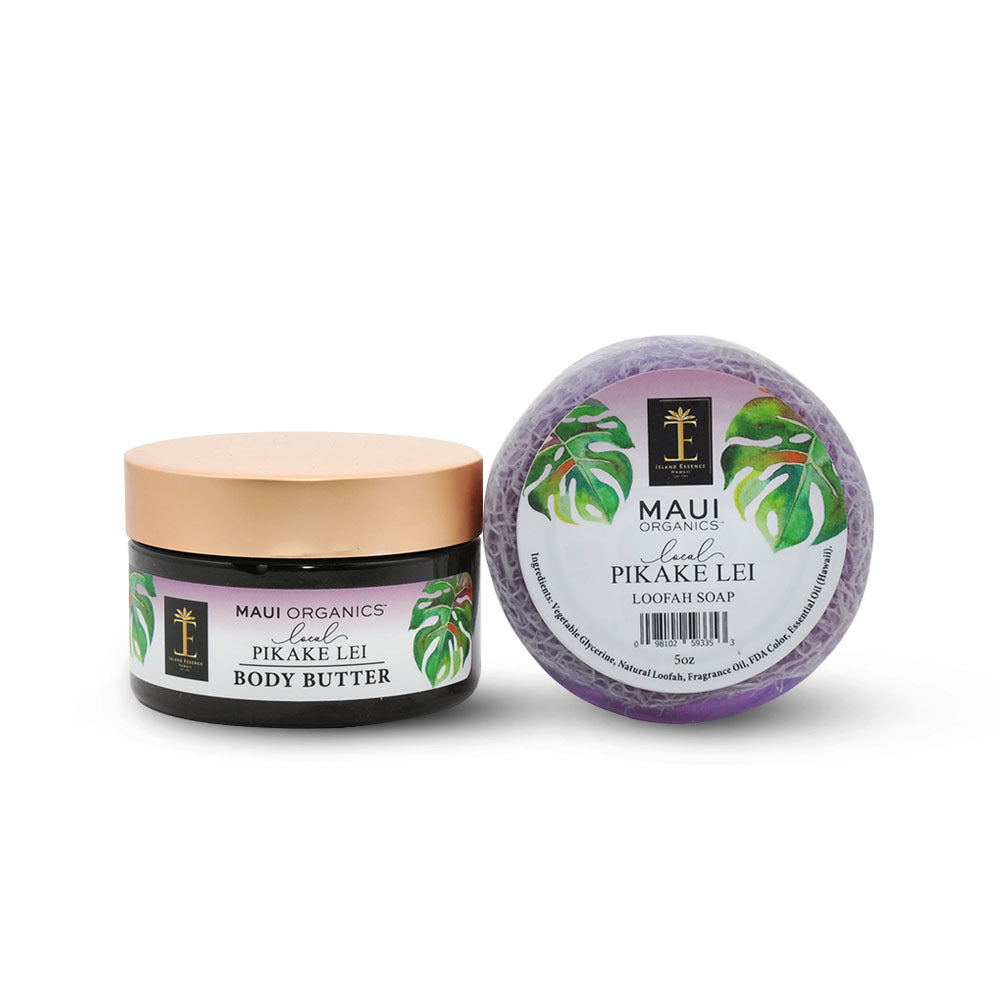 Pop-Up Mākeke - Island Essence - Maui Organics Body Butter &amp; Loofah Soap Duo in Local Pikake Lei