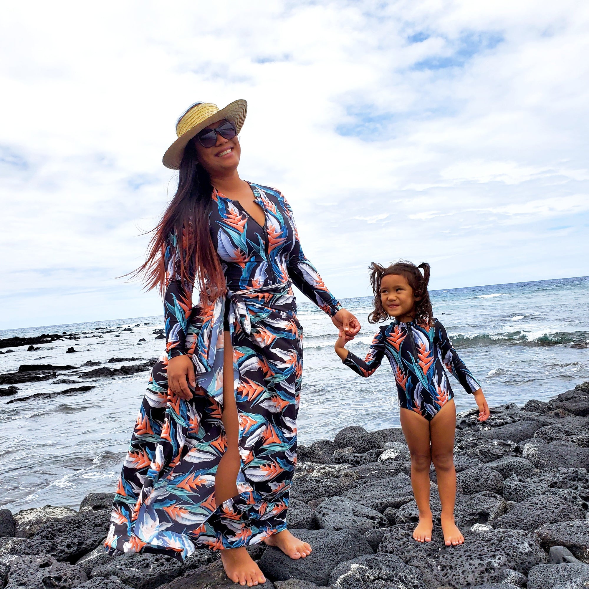 Pop-Up Mākeke - IwaWhy - Jacquelyn Long Sleeve Women's Swimsuit - Orange Heliconia - Front View