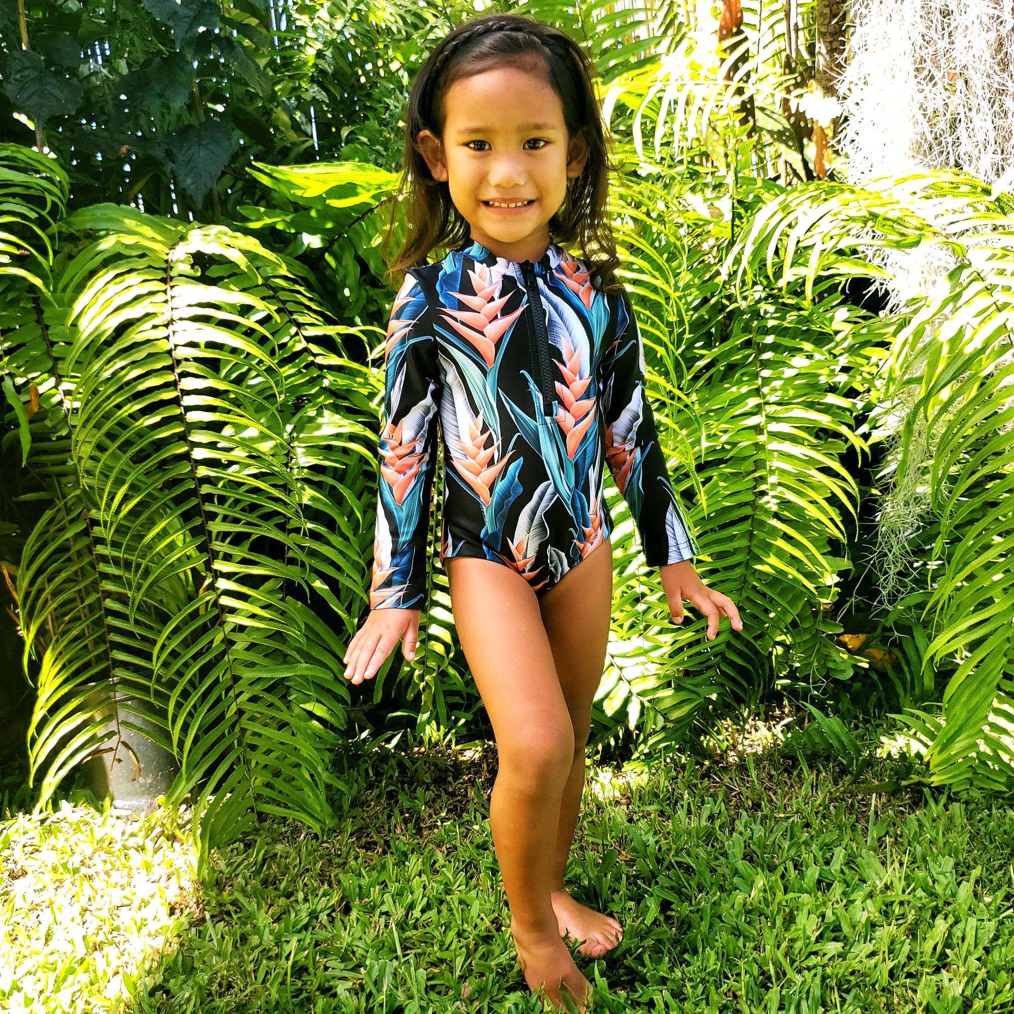 Pop-Up Mākeke - IwaWhy - Morgan Long Sleeve Girls Swimsuit - Orange Heliconia