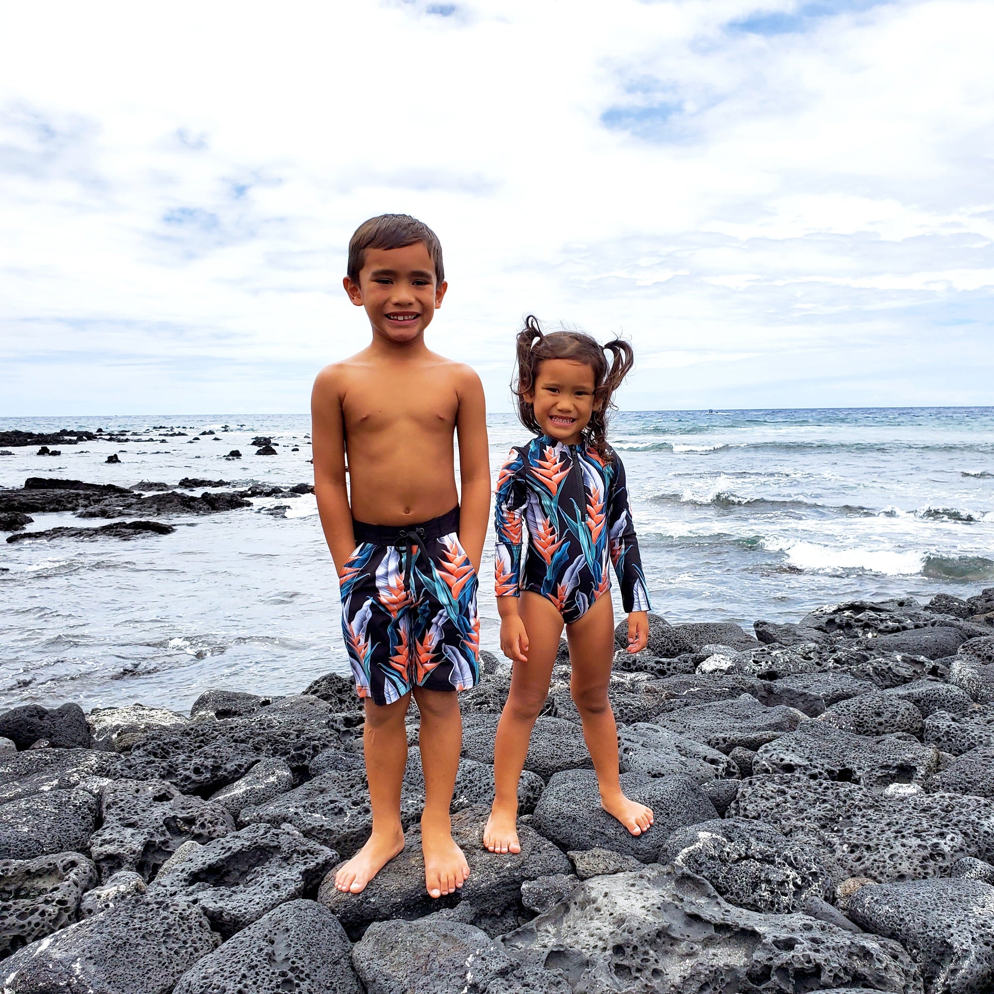 Pop-Up Mākeke - IwaWhy - Morgan Long Sleeve Girls Swimsuit - Orange Heliconia