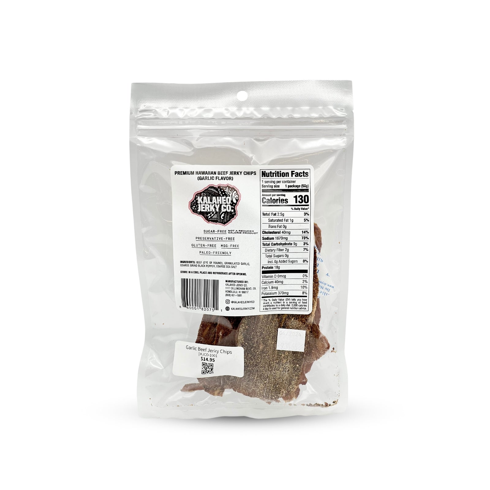 Pop-Up Mākeke - Kalaheo Jerky Co. - Garlic Beef Jerky Chips - Front View