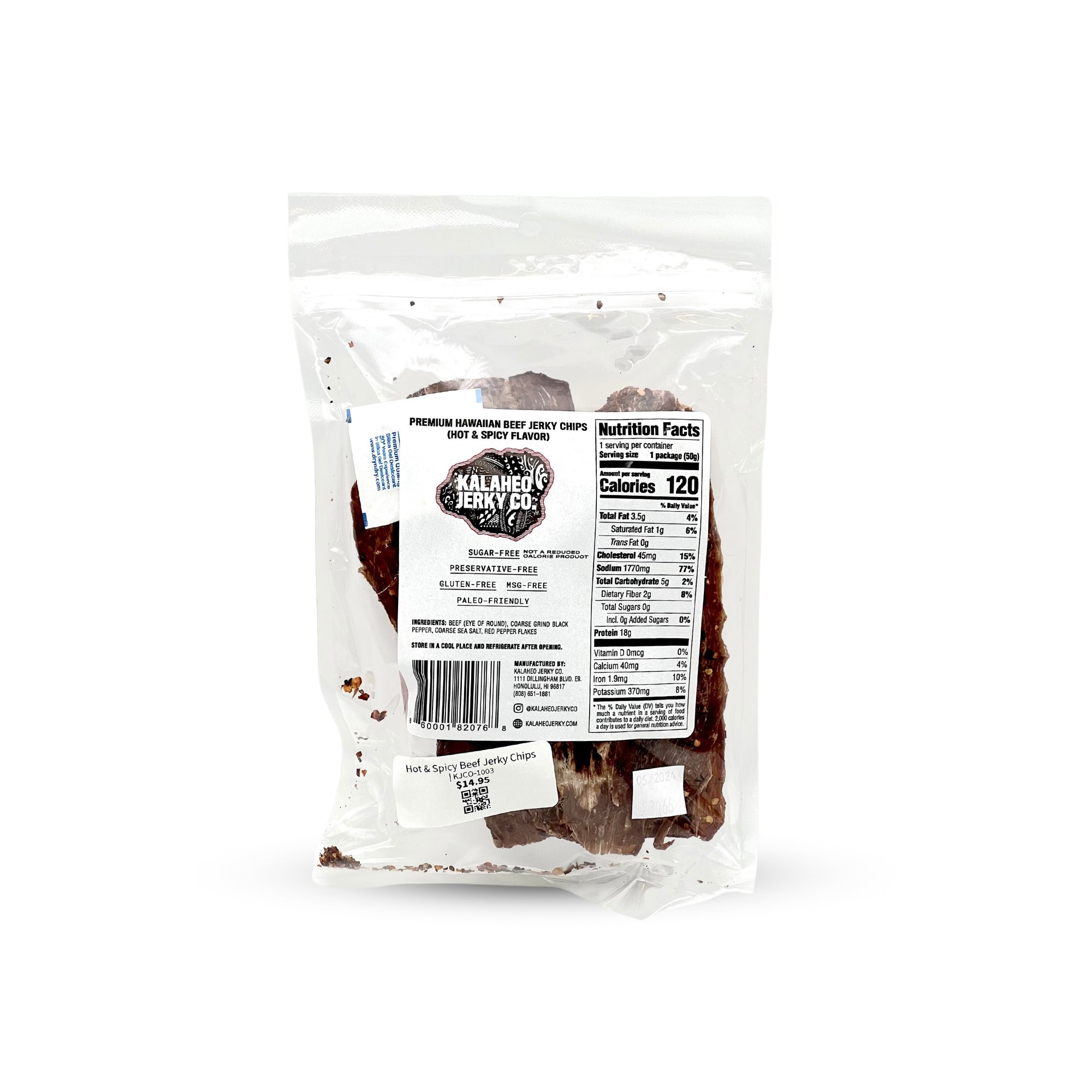 Pop-Up Mākeke - Kalaheo Jerky Co. - Hot & Spicy Beef Jerky Chips - Front View