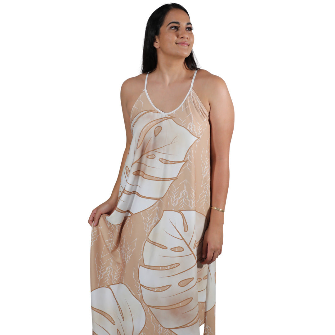 Pop-Up Mākeke - Kini Zamora - Monstera Spaghetti Strap Maxi Dress - Nude - Front View