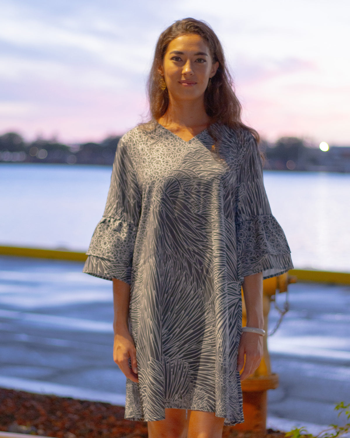 Pop-Up Mākeke - Kini Zamora - Silversword Flare Sleeve Tunic Dress - Black &amp; White - Front View