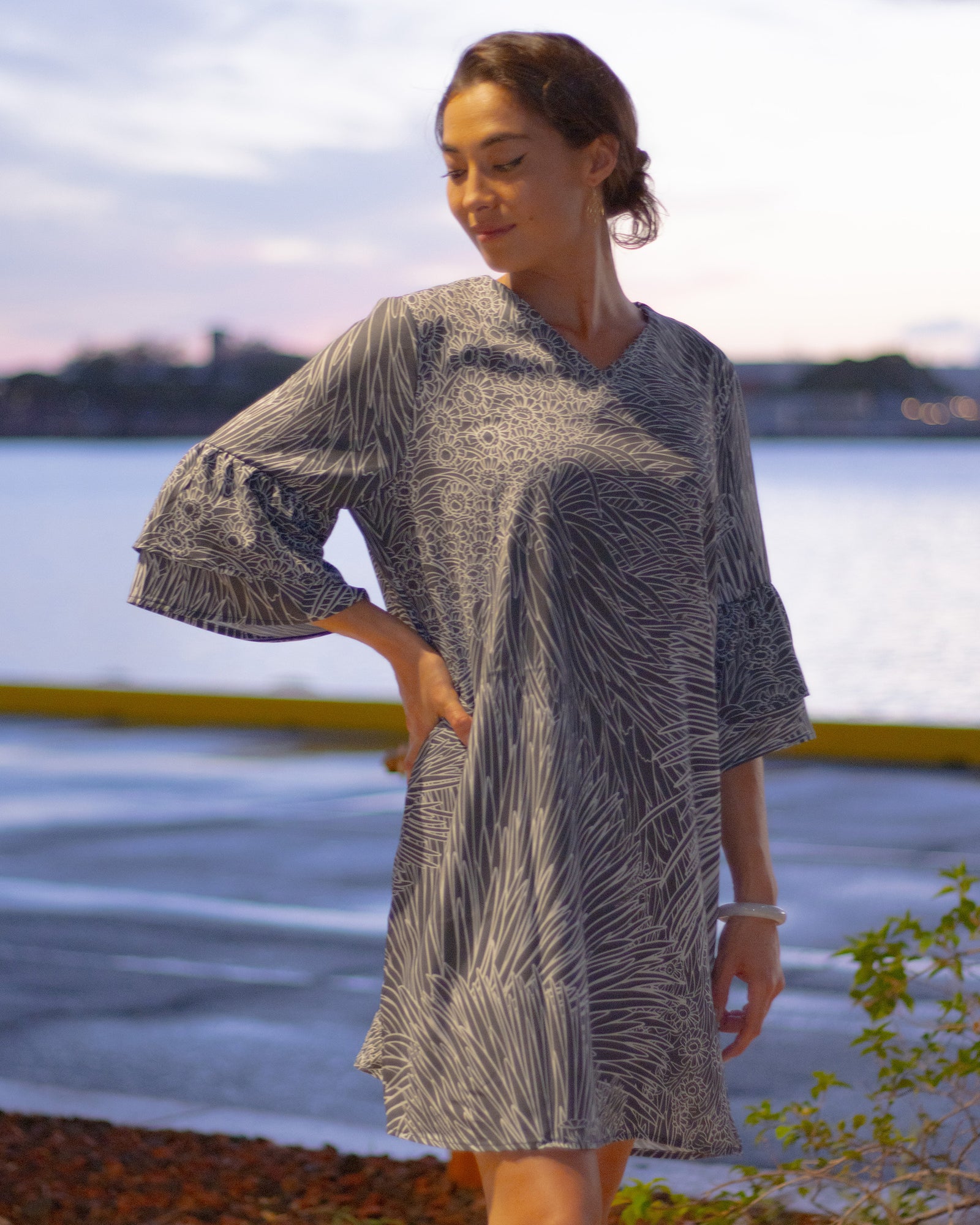 Pop-Up Mākeke - Kini Zamora - Silversword Flare Sleeve Tunic Dress - Black & White - Front View