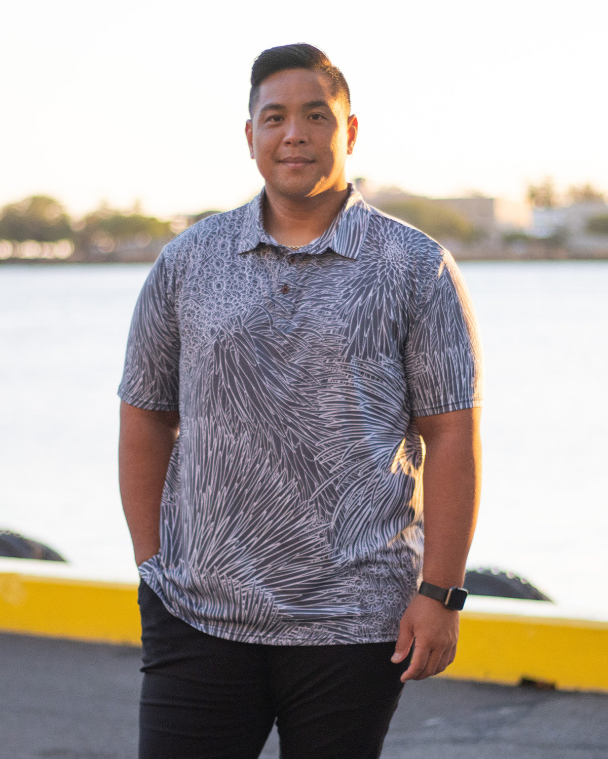 Pop-Up Mākeke - Kini Zamora - Silversword Polo Shirt - Black &amp; White - Front View