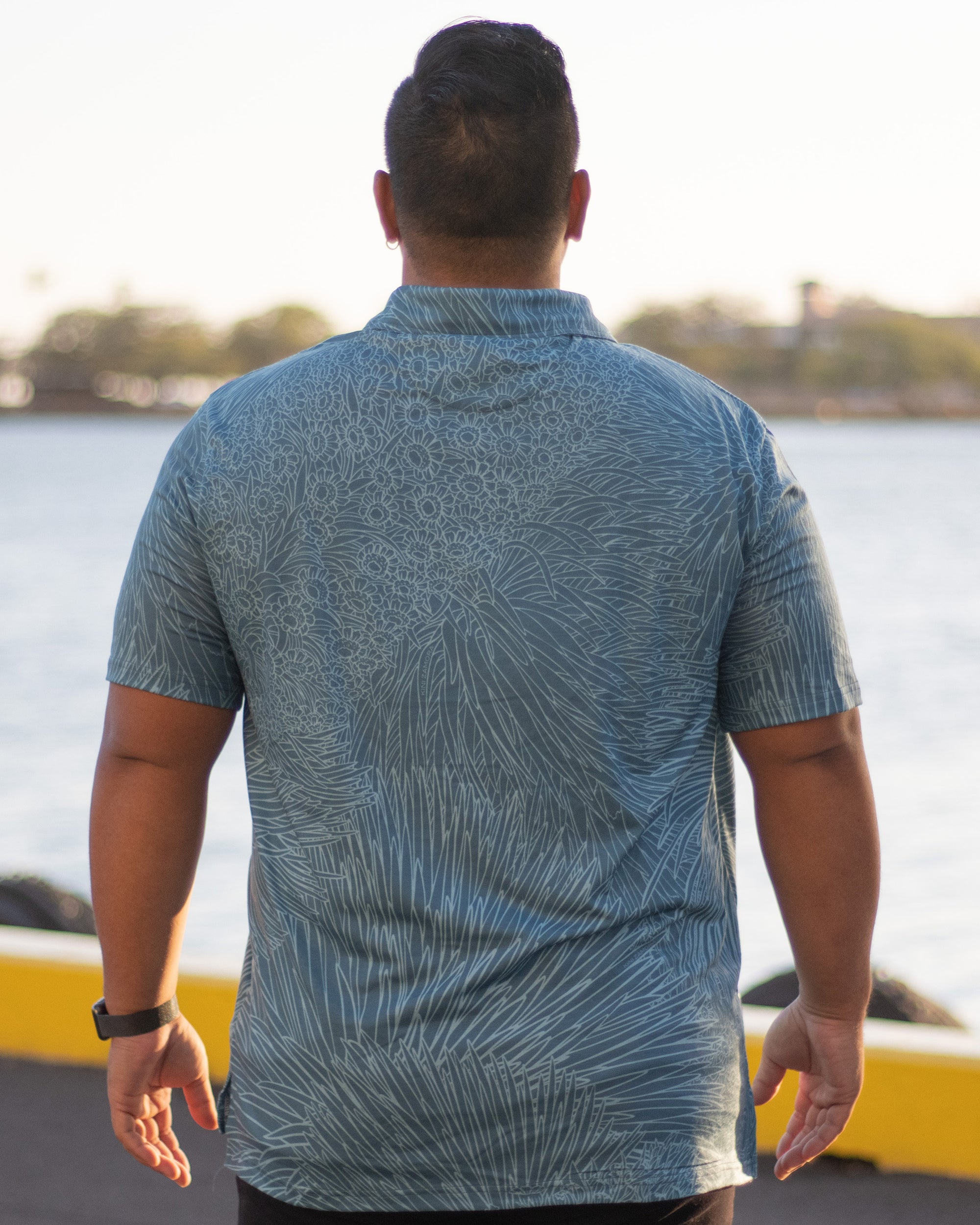 Pop-Up Mākeke - Kini Zamora - Silversword Polo Shirt - Blue - Back View