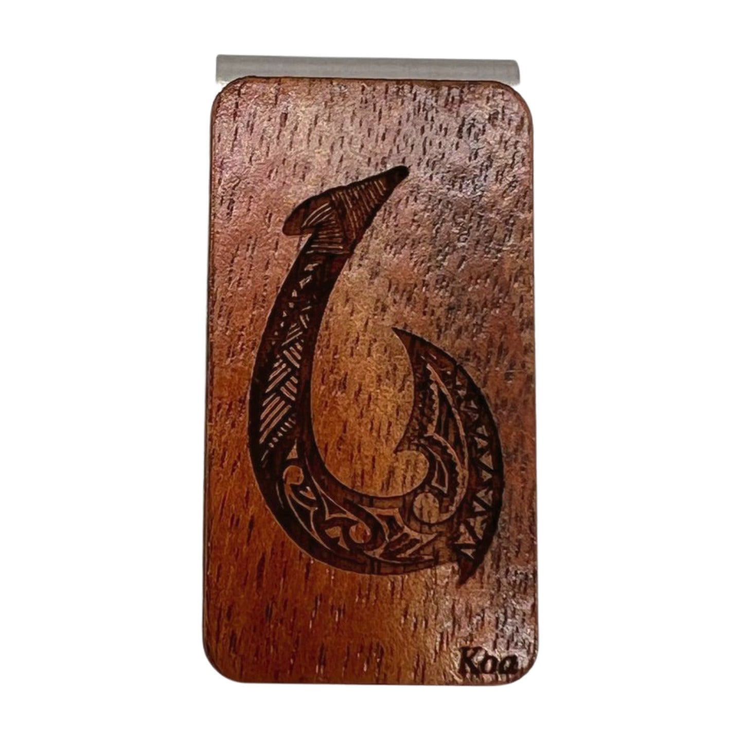 Pop-Up Mākeke - LewisKoa Co. - Koa Money Clip - Fish Hook - Front View