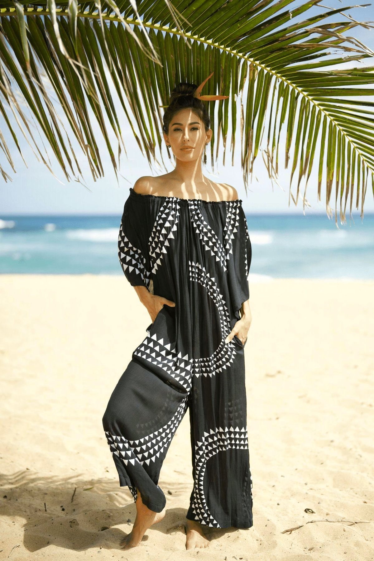 Pop-Up Mākeke - Lotus &amp; Lime - Hina Cold Shoulder Jumpsuit - Mauna in Black &amp; White