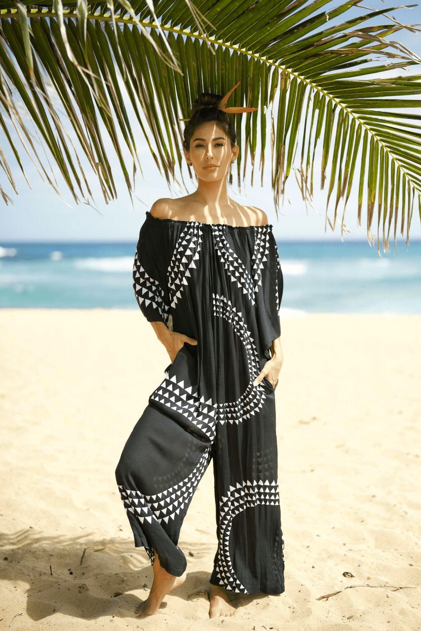 Pop-Up Mākeke - Lotus & Lime - Hina Cold Shoulder Jumpsuit - Mauna in Black & White