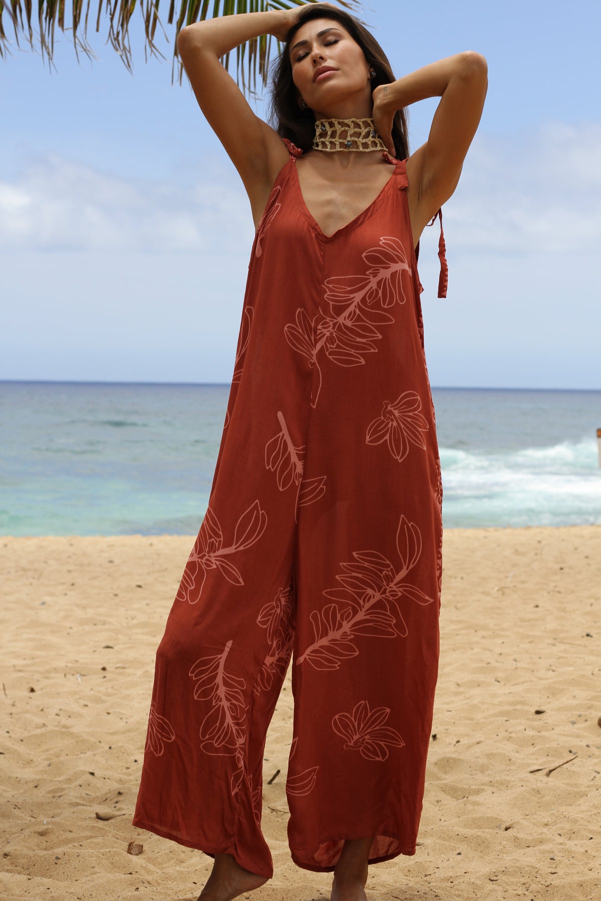 Pop-Up Mākeke - Lotus &amp; Lime - Nani Women&#39;s Jumpsuit - Sketch Leaf in Terracotta