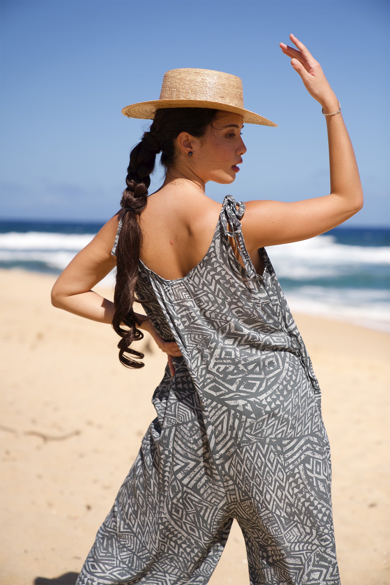 Pop-Up Mākeke - Lotus & Lime - Nani Women's Jumpsuit - Tiny Tapa in Grey - Front View