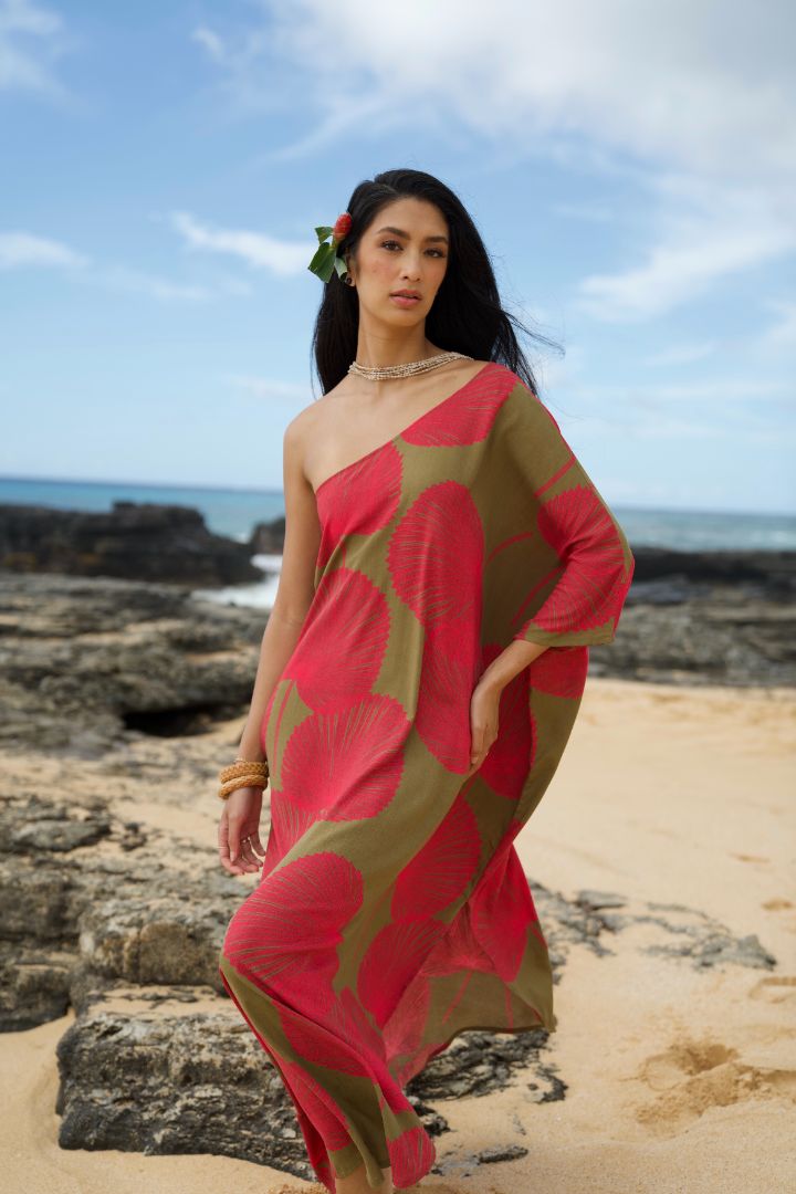 Pop-Up Mākeke - Lotus &amp; Lime - Palama Hau One Shoulder Maxi Dress - Dragonfruit - Front View