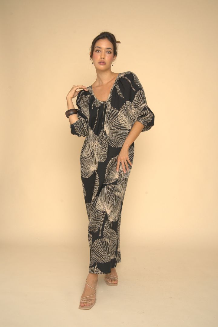 Pop-Up Mākeke - Lotus &amp; Lime - Palama Mumu Dress - Black &amp; Tan - Front View