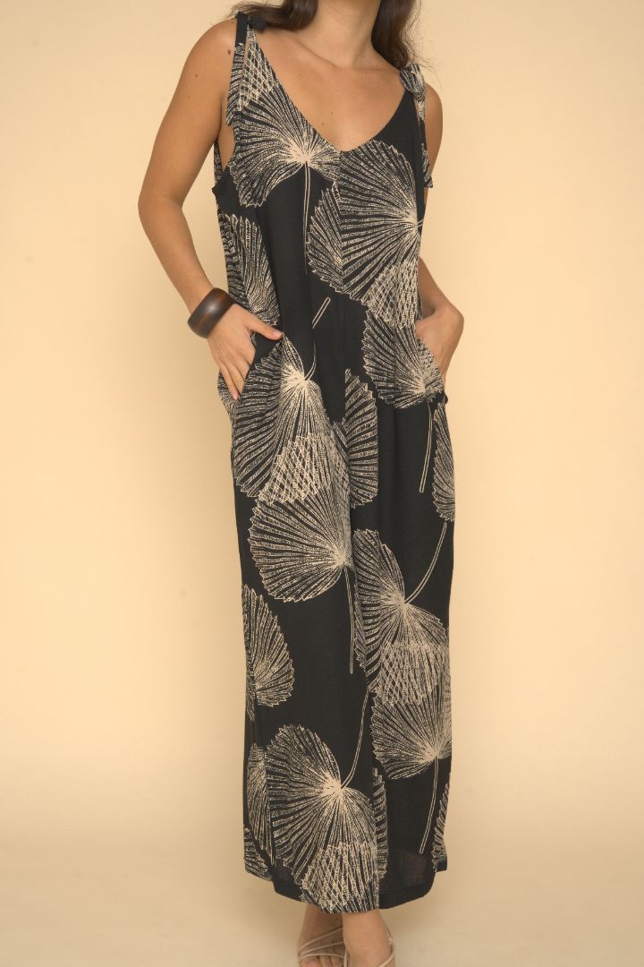 Pop-Up Mākeke - Lotus & Lime - Palama Nani Jumpsuit - Black & Tan - Close Up