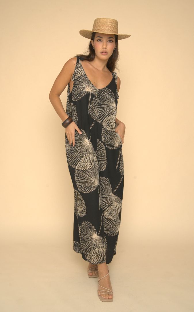 Pop-Up Mākeke - Lotus & Lime - Palama Nani Jumpsuit - Black & Tan - Front View