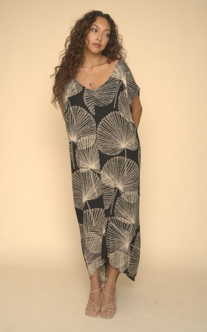 Pop-Up Mākeke - Lotus &amp; Lime - Palama Zen Maxi Dress - Black &amp; Tan - Front View