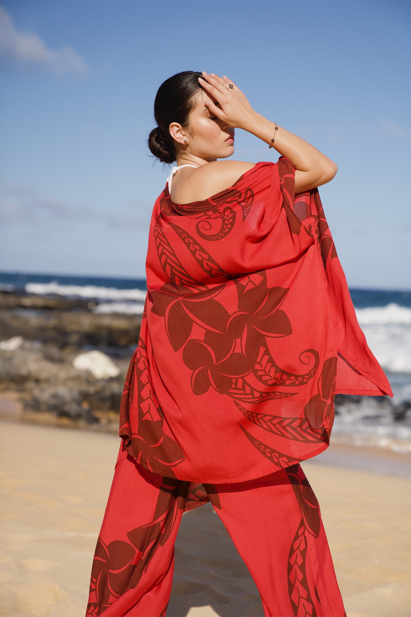 Pop-Up Mākeke - Lotus & Lime - Palazzo Pant & Kimono Set - Plumeria Tattoo in Ruby - Back View