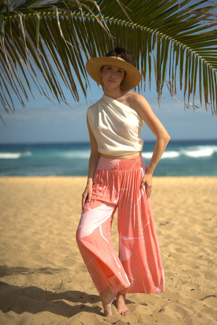 Pop-Up Mākeke - Lotus &amp; Lime - Palazzo Pants - Banana Leaf in Salmon Pink