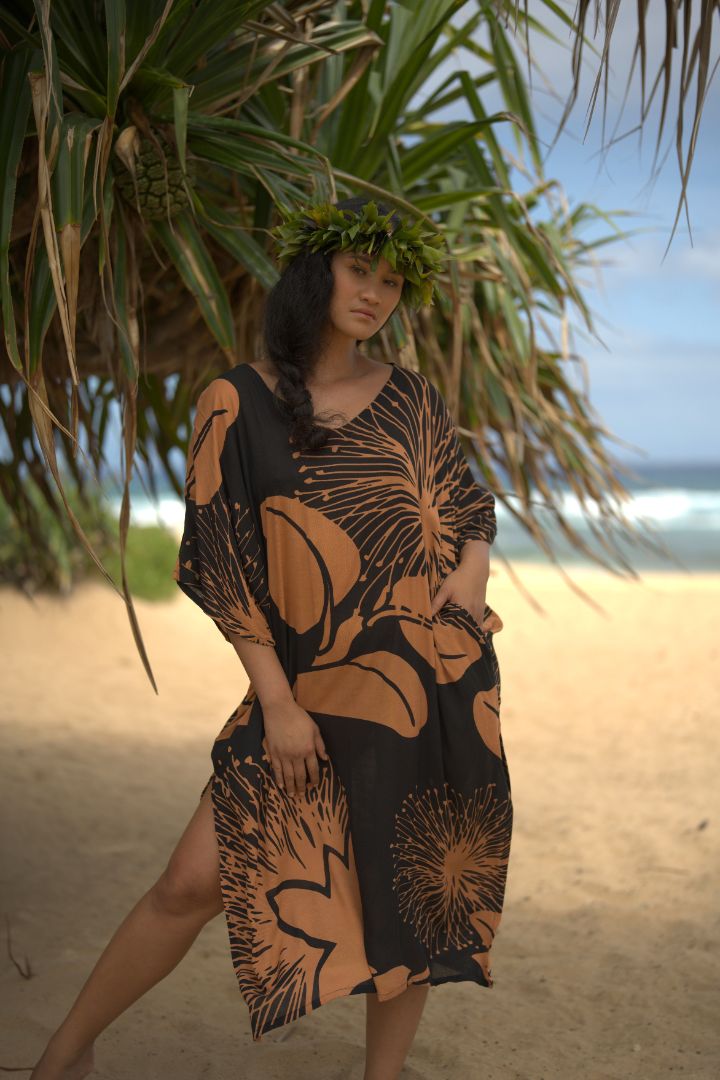 Pop-Up Mākeke - Lotus &amp; Lime - U’i Kaftan Shift Dress - Ohia in Black &amp; Bronze