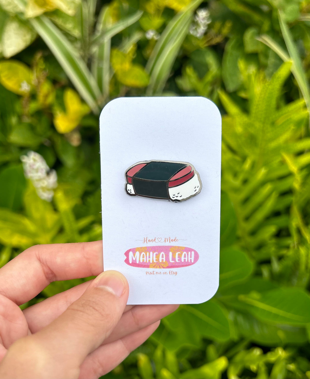 Pop-Up Mākeke - Mahea Leah - Spam Musubi Enamel Pin - Front View