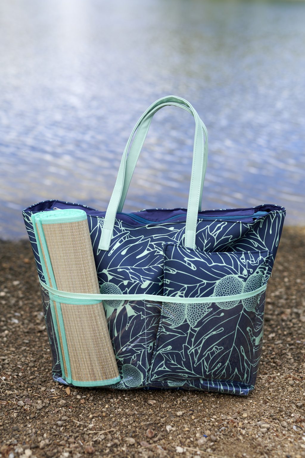 Pop-Up Mākeke - Manaola - Holokai Beach Tote - 'Ulu in Mist Green & Dark Denim