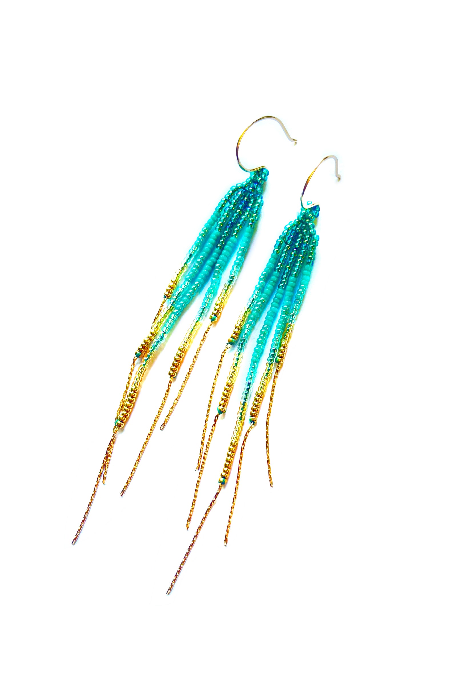 3” Beaded Earrings with 14k Gold filled Fringe - Green