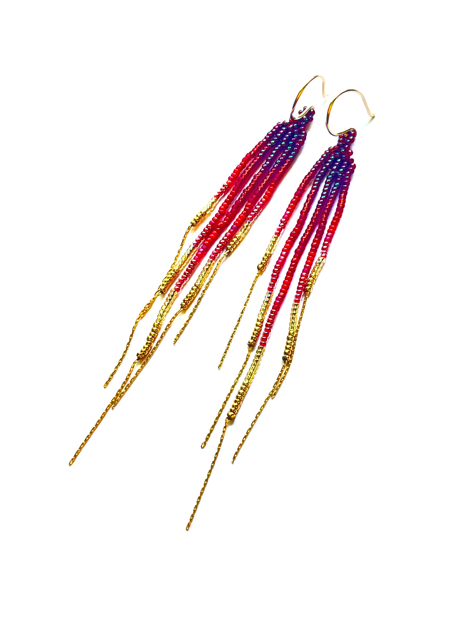 Pop-Up Mākeke - Maui Swan Designs - 3” Beaded Earrings with 14k Gold filled Fringe - Red