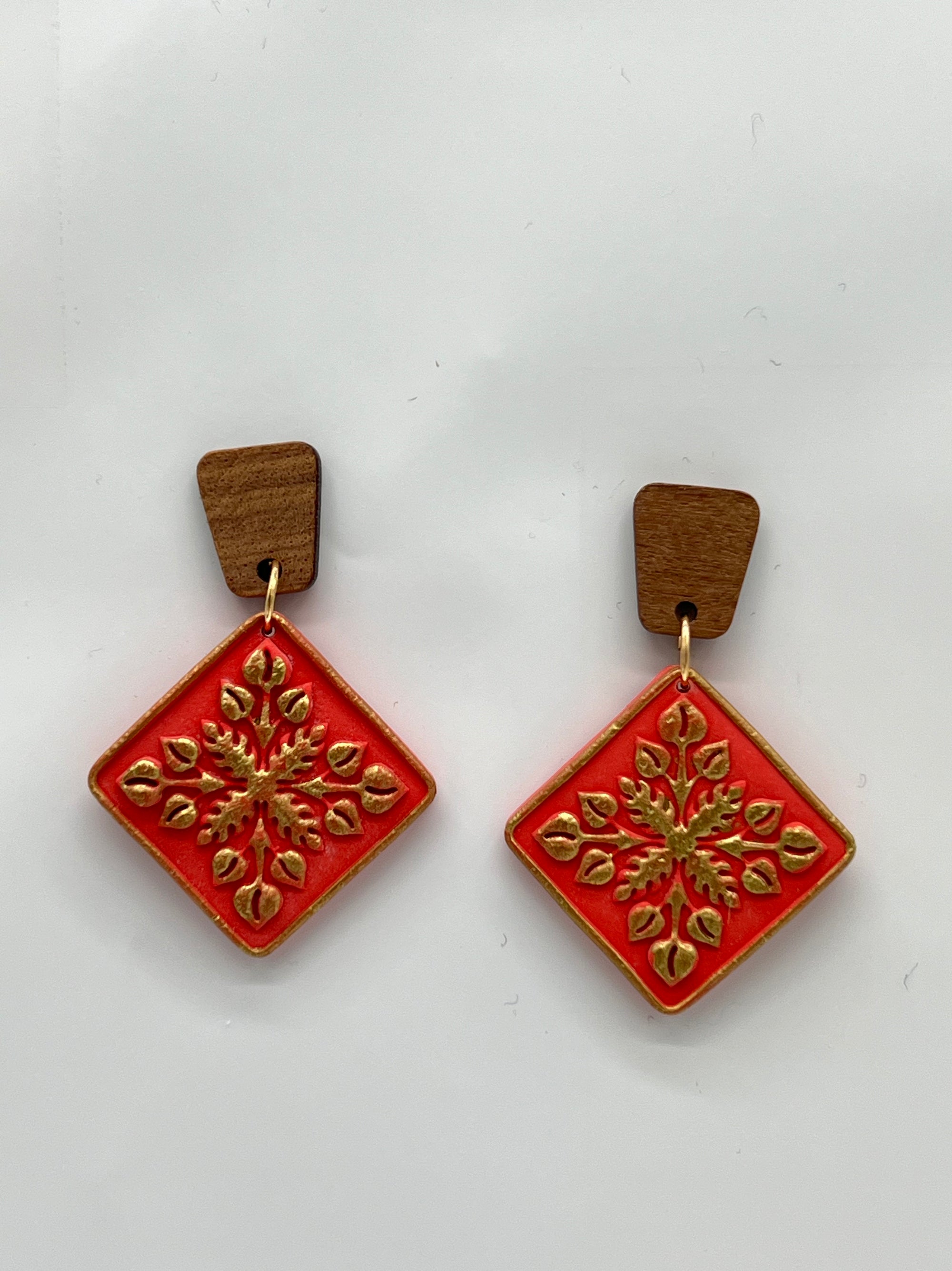 Quilt Earrings - Red & Gold