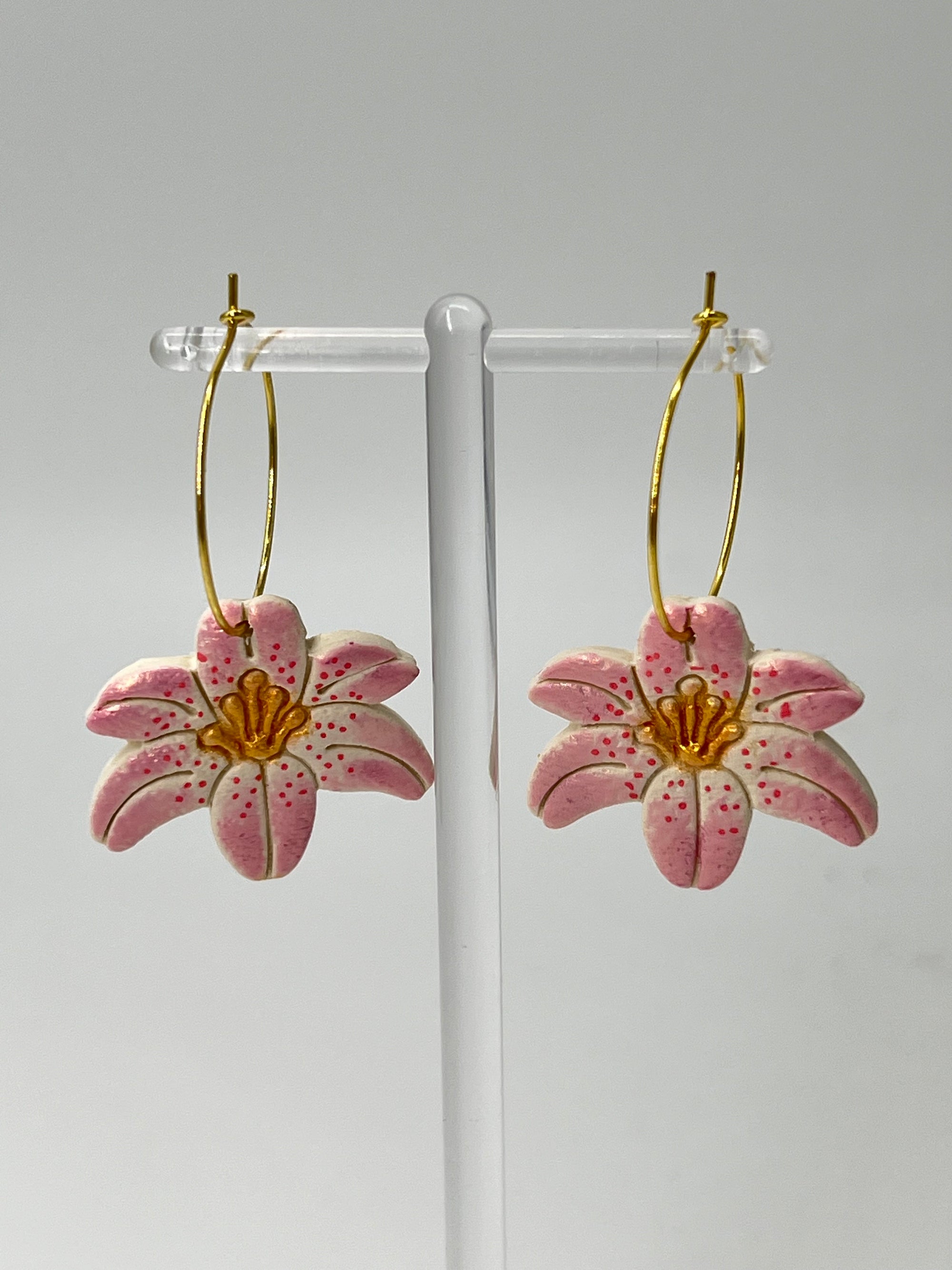 tiger lily earrings Resin Lily Earrings - Pink Dot | Pop-Up Mākeke
