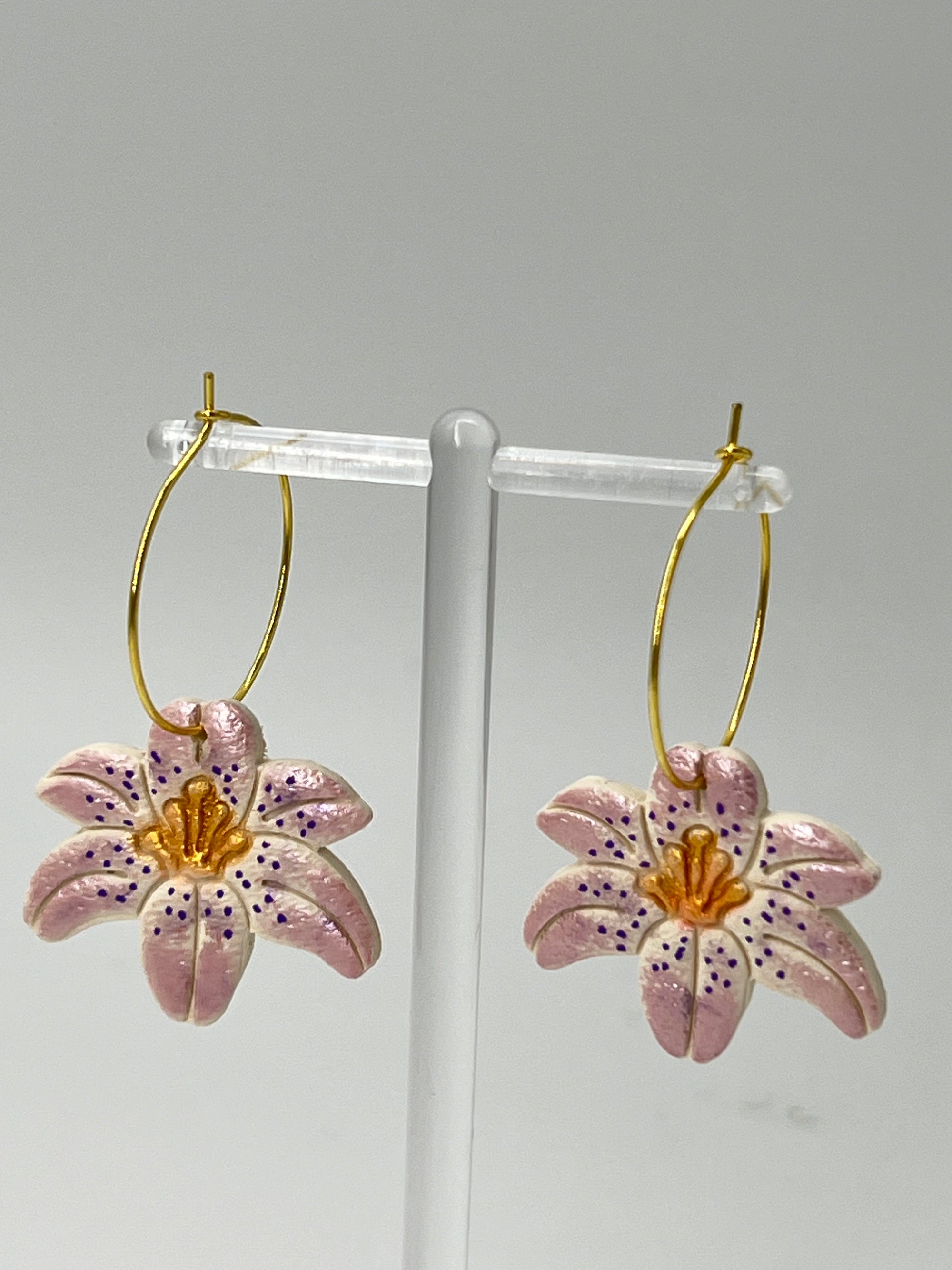 Resin Lily Earrings - Pink & Blue Dot