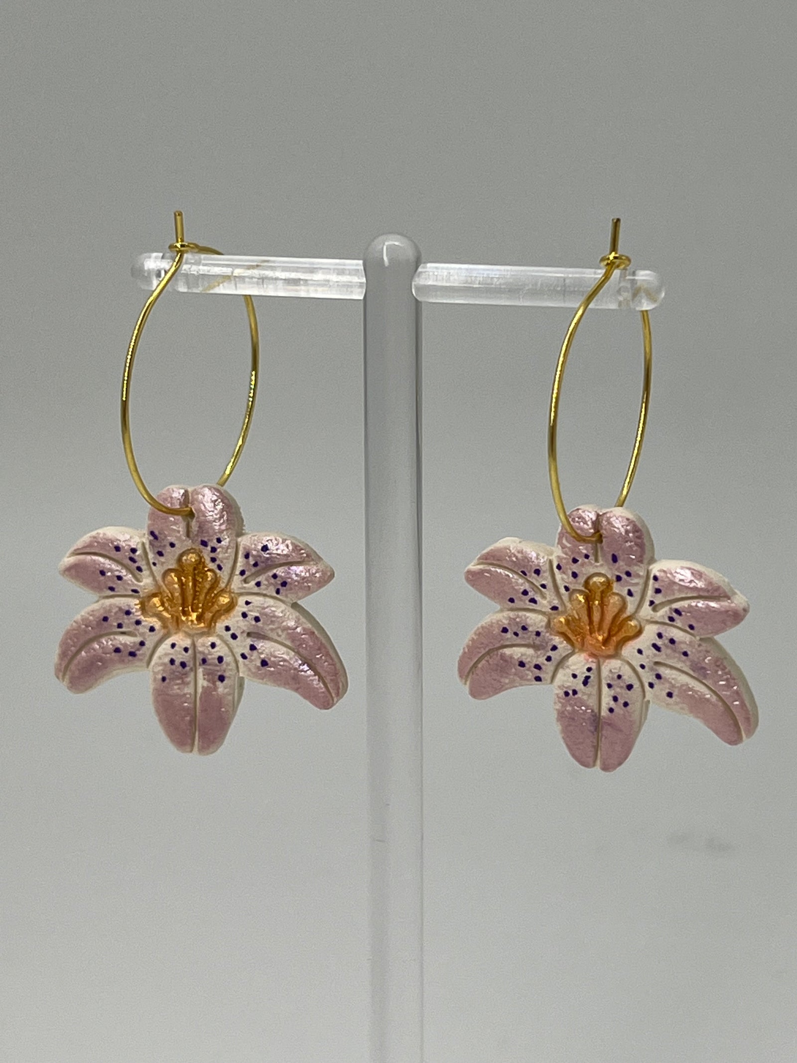 Resin Lily Earrings - Pink & Blue Dot