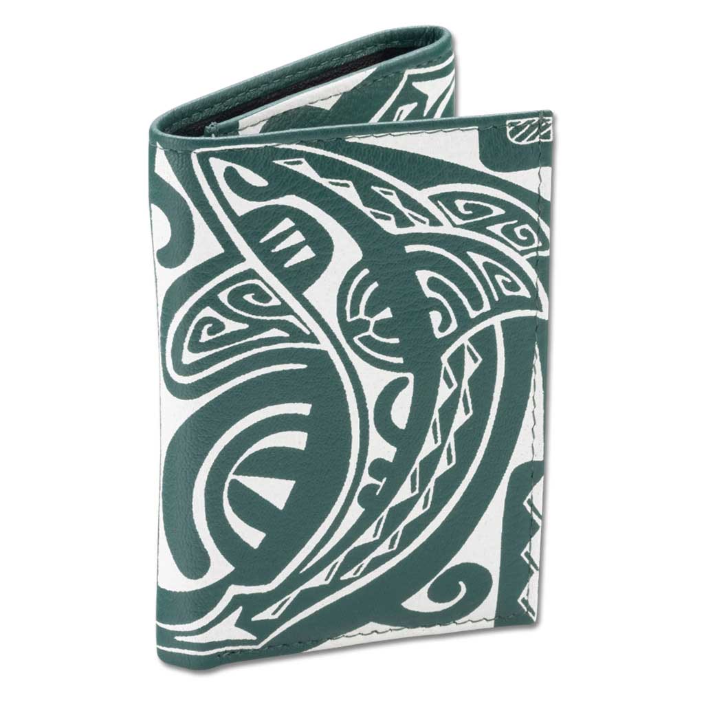 Pop-Up Mākeke - Na Koa - Tahitian Shark Tattoo Trifold Leather Wallet - Green