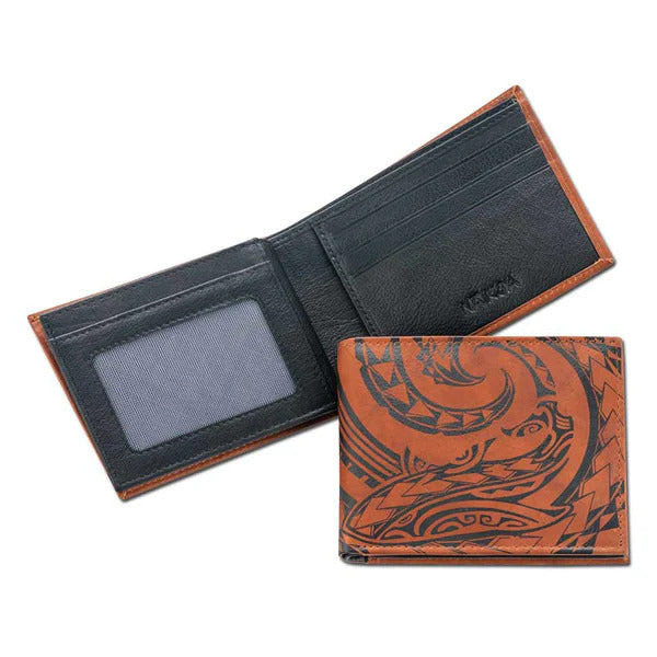 Pop-Up Mākeke - Na Koa - Tribal Shark Tattoo Bifold Leather Wallet - Bourbon - Open