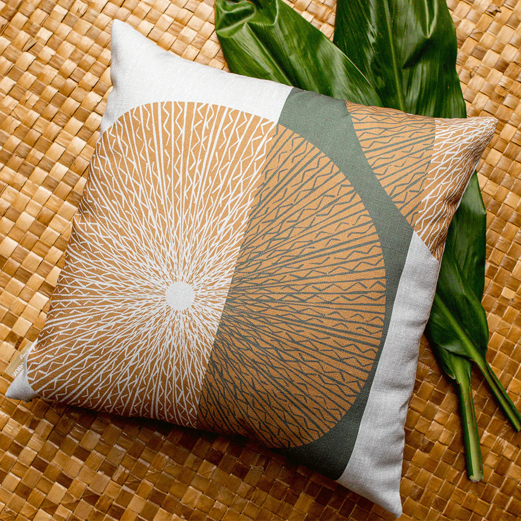 Pop-Up Mākeke - Noho Home - Niho Medallion Square Pillowcase - Bark, Stone, & Ivory - In Use