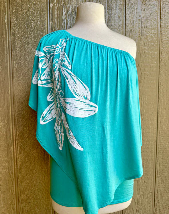 Pop-Up Mākeke - Puahina - Aquamarine 4-Way Welo Top - White Mokihana - Front View