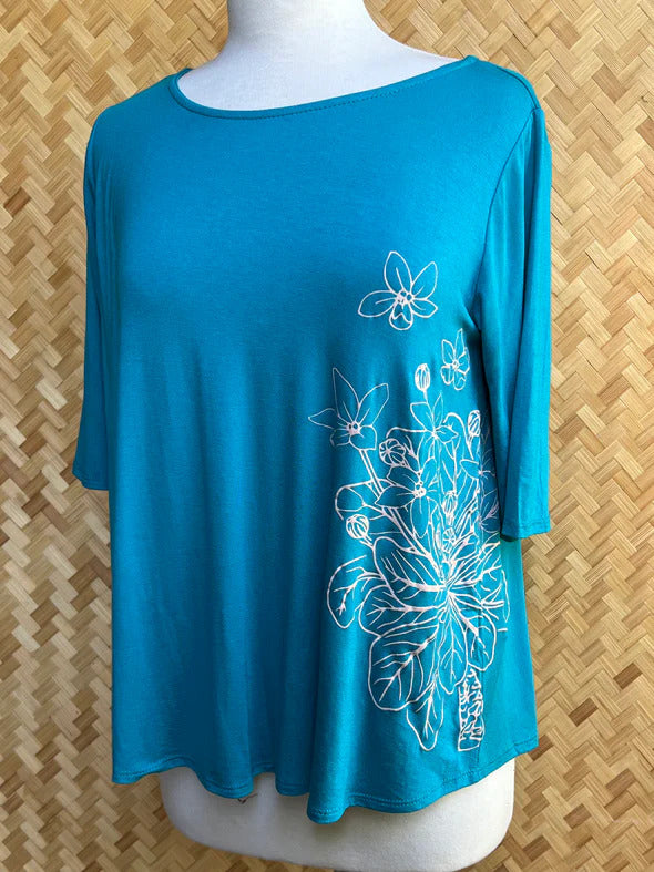 Pop-Up Mākeke - Puahina - Teal 3-Quarter Sleeve Hoapili Top - Mocha Ālula - Front View