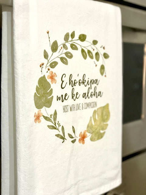 Pop-Up Mākeke - Sal Terrae - Flour Sack Kitchen Towel - E Ho'okipa Me Ke Aloha - In Use