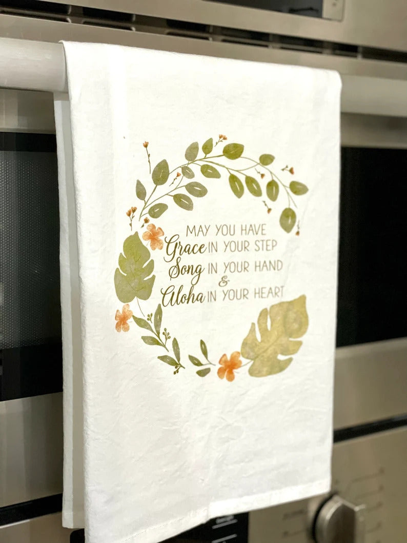 Pop-Up Mākeke - Sal Terrae - Flour Sack Kitchen Towel - Hula Blessing - Front View