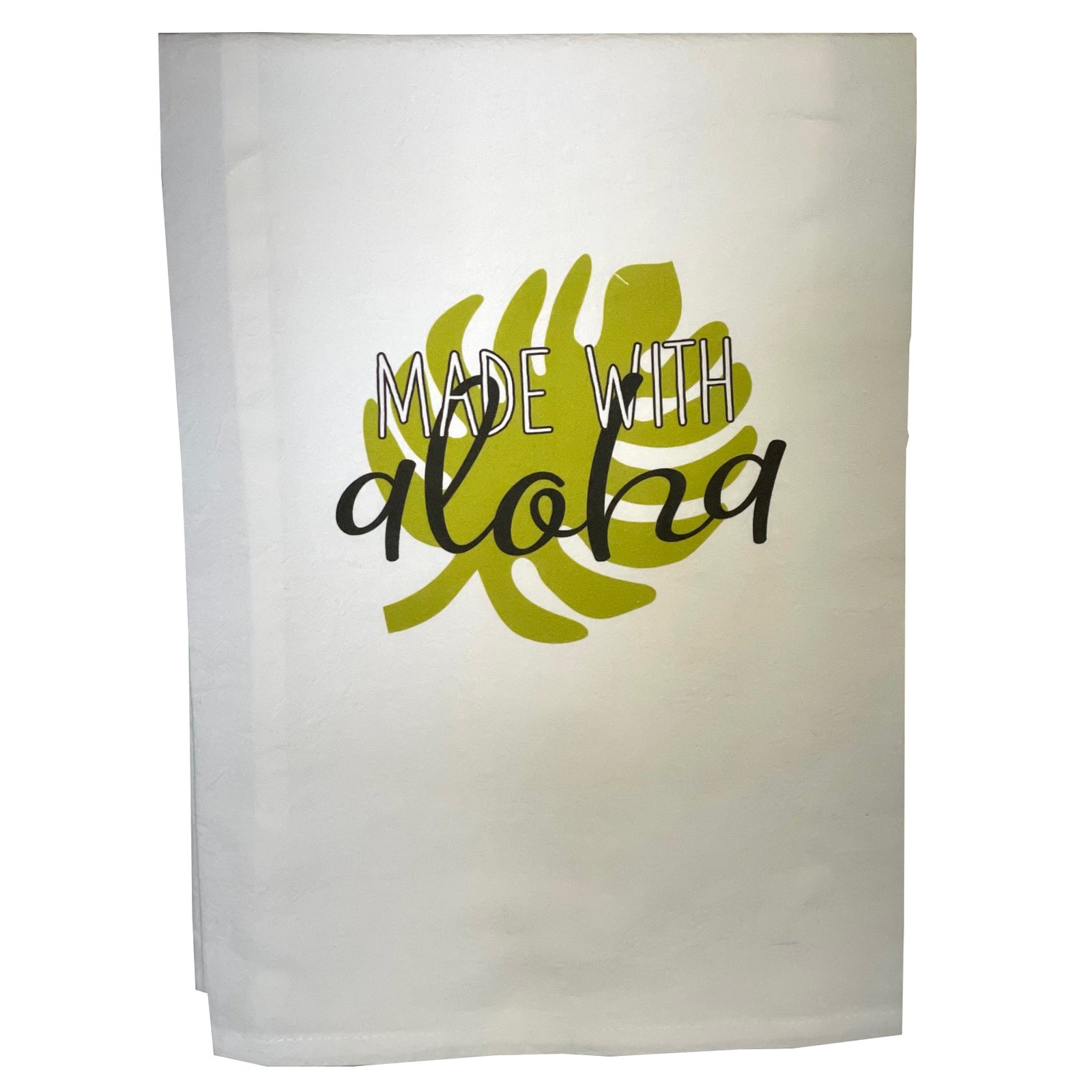 Pop-Up Mākeke - Sal Terrae - Flour Sack Kitchen Towel - Made with Aloha - Green Monstera - Front View