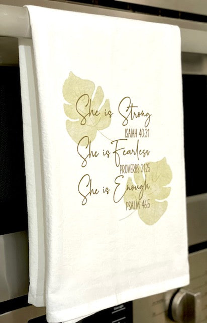 Pop-Up Mākeke - Sal Terrae - Flour Sack Kitchen Towel - She is Strong - Green Leaves - In Use