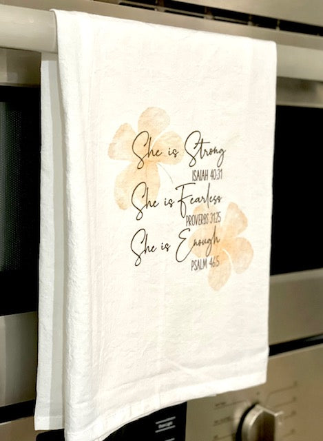 Pop-Up Mākeke - Sal Terrae - Flour Sack Kitchen Towel - She is Strong - Pink Flowers - In Use