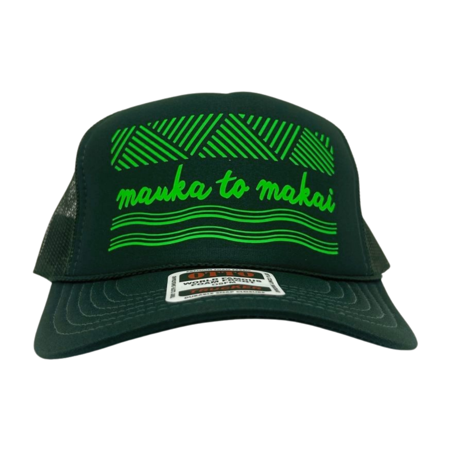 Pop-Up Mākeke - Saltwater Heals - Mauka to Makai Trucker Hat - Hunter Green - Front View
