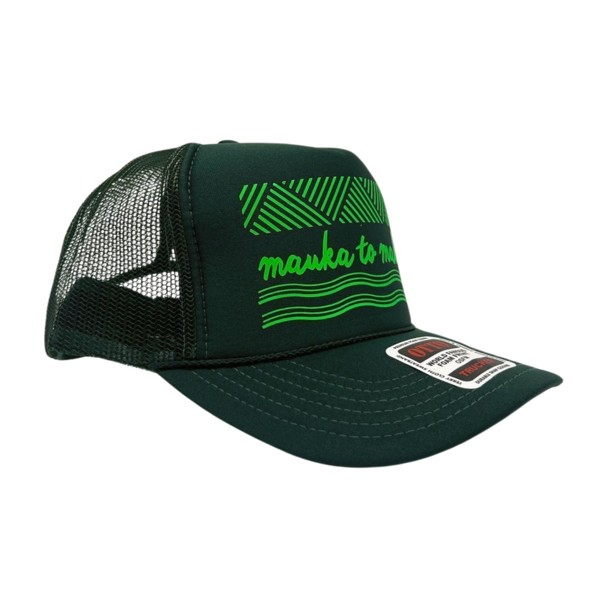 Pop-Up Mākeke - Saltwater Heals - Mauka to Makai Trucker Hat - Hunter Green - Side View