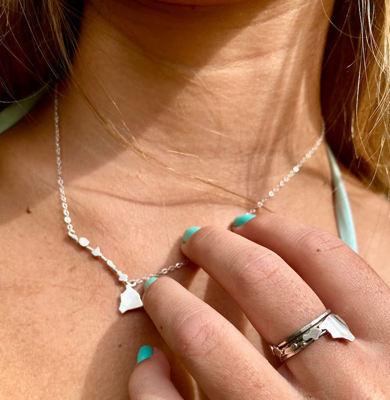 Pop-Up Mākeke - Sparrow Seas - Original Hawaiian Islands Dainty Necklace in Sterling Silver - In Use