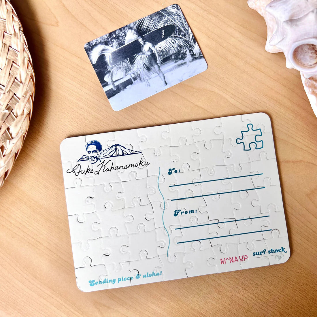 Pop-Up Mākeke - Surf Shack Puzzles - Duke Kahanamoku 48-Piece Postcard Puzzle - Back View