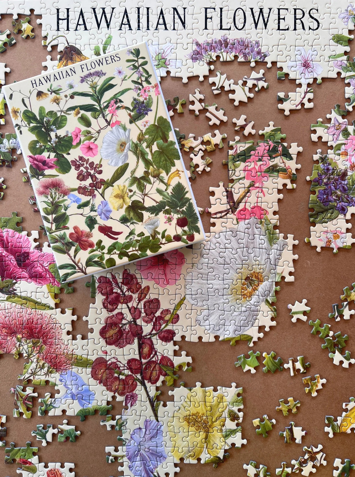 Pop-Up Mākeke - Surf Shack Puzzles - Hawaiian Flowers by Laulima Hawaiʻi 1000-Piece Puzzle - In Progress
