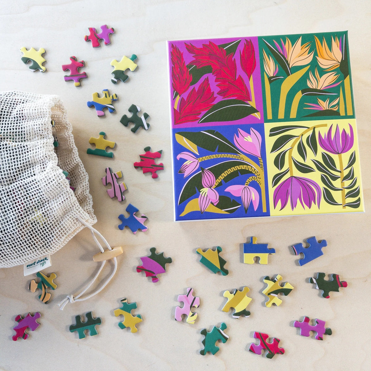 Pop-Up Mākeke - Surf Shack Puzzles - Tropical Bloom by Traci Yoshiyama 500-Piece Puzzle - In Progress